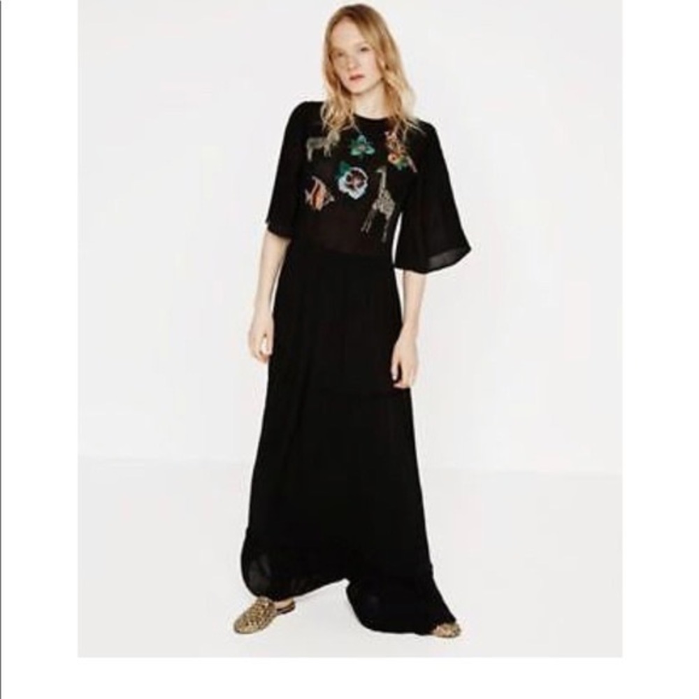 zara black animal dress with embroidery